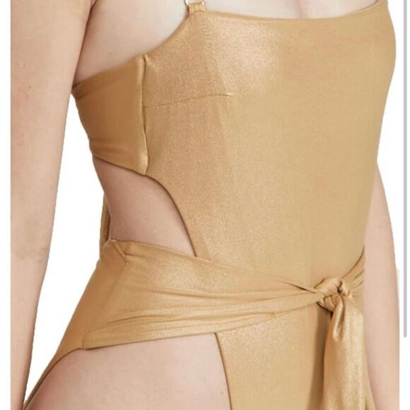 Good American Womens Tie Front One Piece Swimsuit 2XL Gold Lame Halter Goddess - Picture 3 of 4
